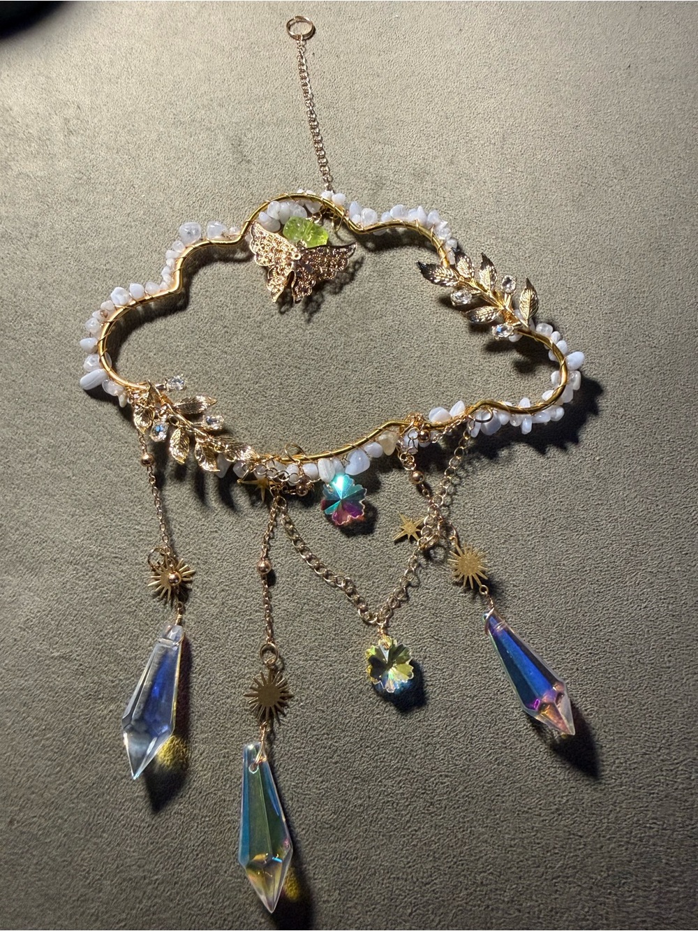 Gold-tone Blue Lace Agate Crystal Sun Catcher ☀️ Hanging Charm 🪬